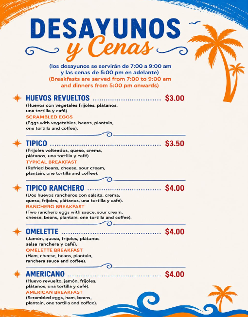 Menú de desayunos y cenas