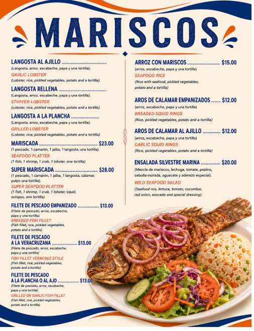 Menú de mariscos